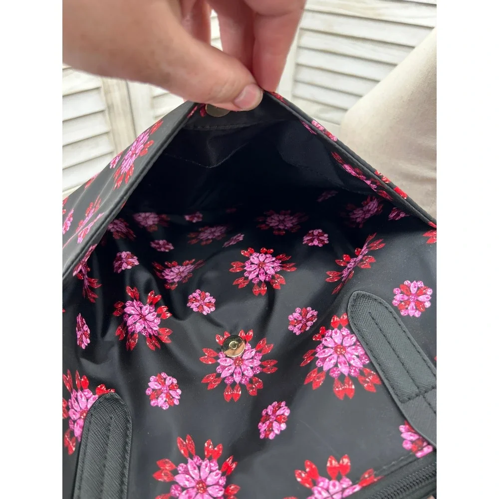 Michael Kors Nylon Kelsey Tote Bag Black & Pink Gem Floral Laptop Bag Work Purse